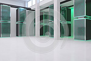 Modern green server room interior. Database and technology concept.
