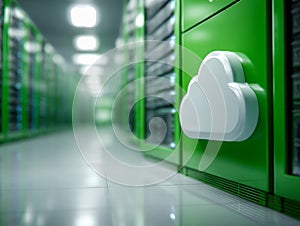 Modern green server room with white cloud-shaped icon symbolizing cloud computing and digital data management in futuristic