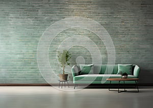 Modern green sofa and empty brick wall in living room interior. Generative AI