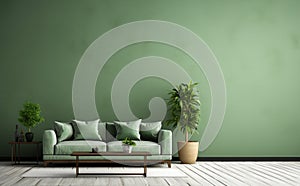 Modern green sofa and empty brick wall in living room interior. Generative AI