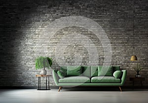 Modern green sofa and empty brick wall in living room interior. Generative AI