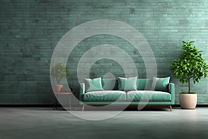Modern green sofa and empty brick wall in living room interior. Generative AI