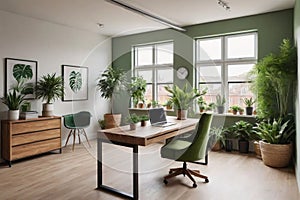 A modern green-themed home office with abundant indoor plants, wooden furniture, and natural light. serene atmosphere