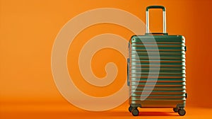Modern Green Travel Suitcase on Orange Background, Simple and Elegant Style, Conceptual Travel and Tourism