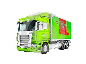 Modern green truck with trailer with white insets for carrying c