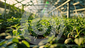 A modern greenhouse filled with veggies, A greenhouse filled with rows of genetically modified plants