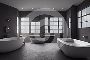 Modern grey bathroom interior with bathtub and washbasin panoramic window. Generative AI.