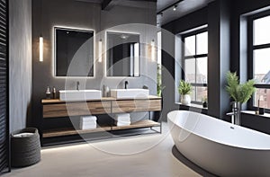 modern grey bathroom interior in loft style with countertop basin, mirror and shower