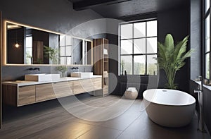 modern grey bathroom interior in loft style with countertop basin, mirror and shower