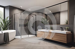 modern grey bathroom interior in loft style wood with countertop basin, mirror and shower