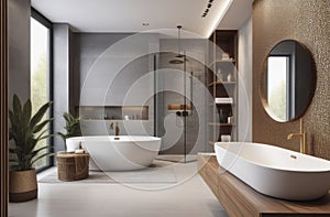 modern grey bathroom interior in loft style wood with countertop basin, mirror and shower