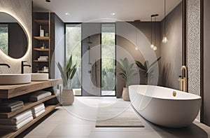 modern grey bathroom interior in loft style wood with countertop basin, mirror and shower