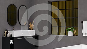 Modern grey bathroom interior with two round mirror, black cabinet with sink, modern decorations