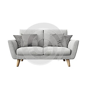Modern grey fabric and velour sofa with soft pillows on the white background photo