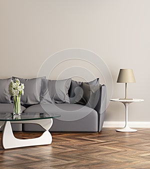 Modern grey sofa in a contemprary living room