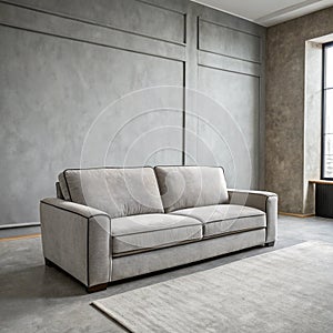 Modern grey sofa on grey wall background