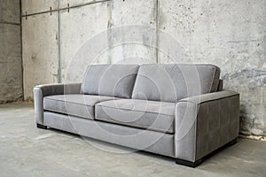 Modern grey sofa on grey wall background