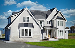 Modern Grey Stucco Exterior Farmhouse Maison House Cumulus Clouds Sky Background