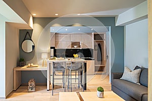 Modern grey and wooden interior of small studio apartment. Front view of hotel flat room witn kitchen, living, bedroom in single