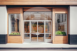 Modern grocery store exterior featuring large window display and contemporary interior. Front view. Generative AI.