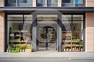 Modern grocery store exterior featuring large window display and contemporary interior. Front view. Generative AI.