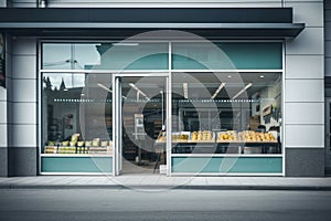 Modern grocery store exterior featuring large window display and contemporary interior. Front view. Generative AI.