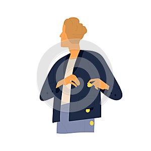 Modern guy careless put coins in holey pocket vector flat illustration. Male with coin falling out during inability photo