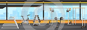 Modern gym interior design with machines and free weights. Vector background