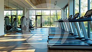 Modern gym interior with equipment. Fitness club with row of treadmills for fitness cardio training in evening backlight