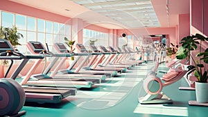 Modern gym interior with equipment in pink color scheme with inspiring view. Concept of healthy lifestyle, sport, recreation. AI