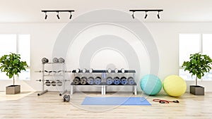 Modern gym interior with sport and fitness equipment, fitness center inteior, 3D Rendering