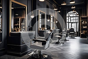 Modern hair beauty salon with dark design, luxury barbershop interior