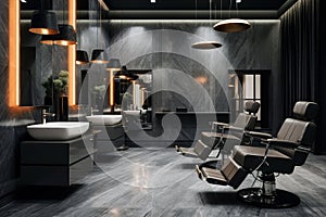 Modern hair beauty salon with dark design, luxury barbershop interior