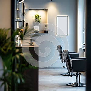 Modern hair salon interior with stylish chairs and minimalistic design.