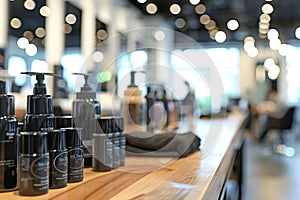 Modern hairdressing equipment displayed on a wooden table in a trendy salon ambiance