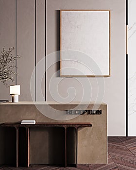 Modern hall interior with reception desk in hotel with wood panel and frame mockup, wooden floor, fitness center, beauty saloon,