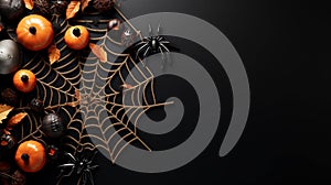 Modern Halloween flat lay mockup of sleek spider webs, and elegant spiders against a dark background, AI generated