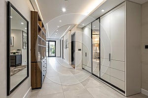 Modern hallway interior with mirror and storage unit