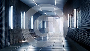 Modern hallway with rectangular lights on a tiled wall. 3D Rendering