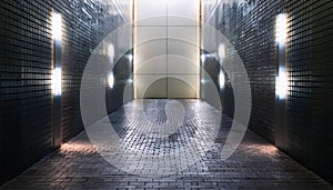 Modern hallway with rectangular lights on a tiled wall. 3D Rendering