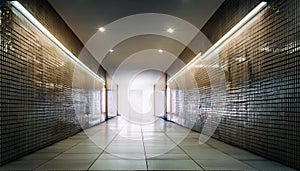 Modern hallway with rectangular lights on a tiled wall. 3D Rendering