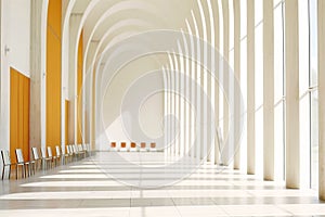 Modern hallway with sunlit arched windows