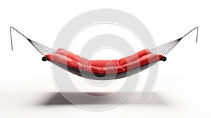 Modern hammock with red cushioning suspended by chains on a white background photo