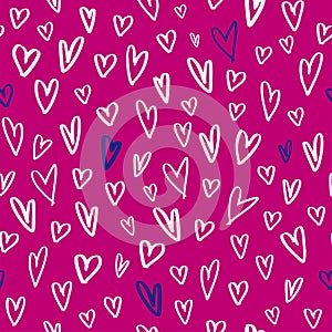 Modern hand-drawn heart shapes seamless pattern on pink background