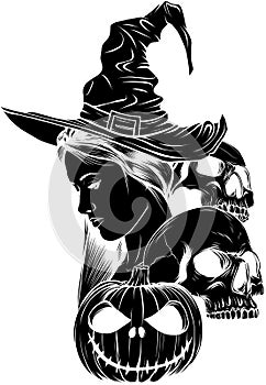 black silhouette of hand drawn illustration of witch and skull