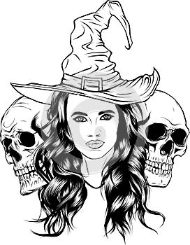 monochrome hand drawn illustration of witch and skulls