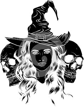 vector black silhouette of witch and skulls