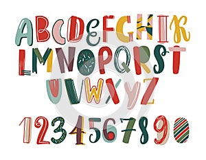 Modern hand drawn latin font or english alphabet for children decorated with scrawl. Bright letters arranged in