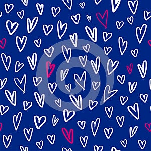 Modern hand-drawn marker heart shapes seamless pattern blue background