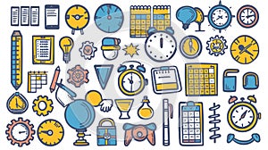 Modern hand drawn time management icons with clock, gear, and calendar on white background. Time management doodle icons